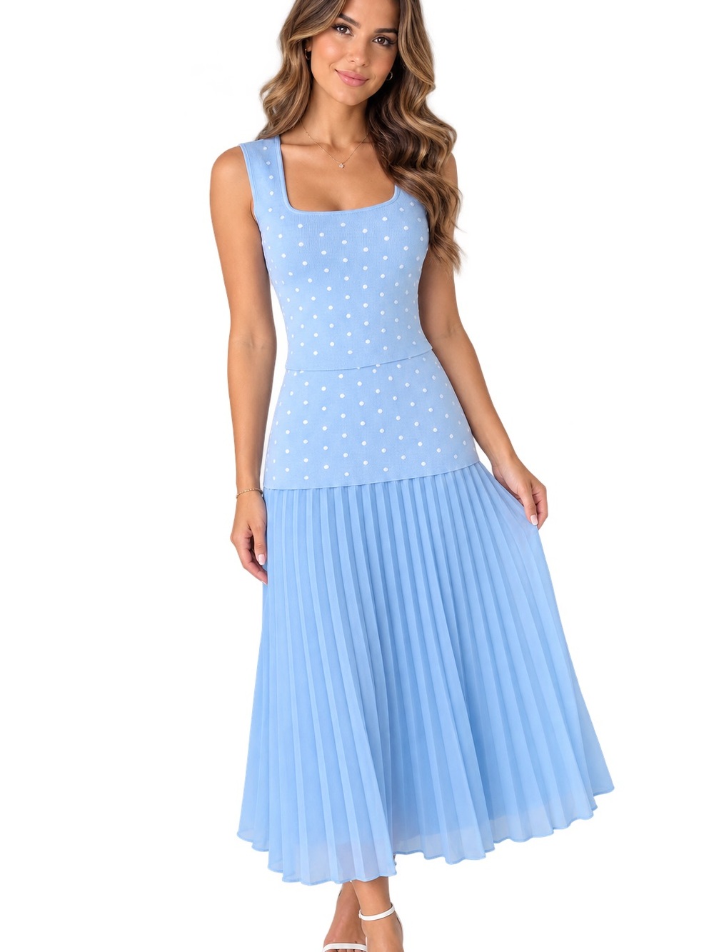 Trendy boutique Light Blue Sleeveless Pleated Midi Dress with Pearled Dots